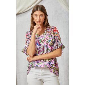 Savanna Jane Boho Lilac Paisley Print Blouse With Floral Embroidery On Sleeves M